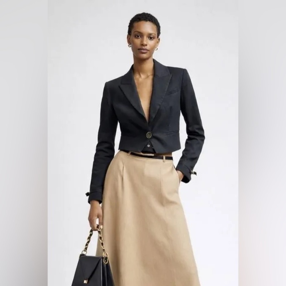 Veronica Beard Black Girard Linen Cropped Single-Button Blazer Jacket